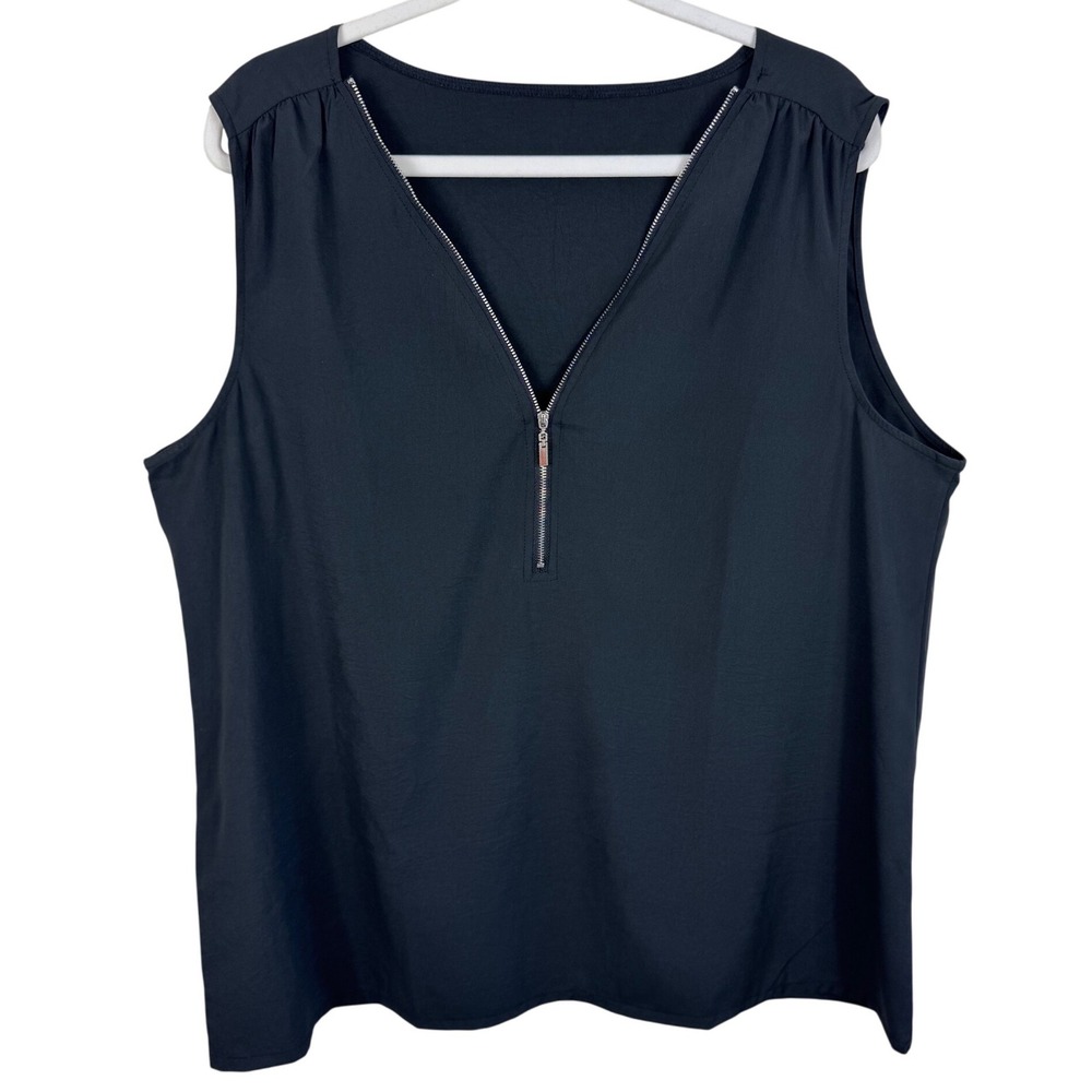Womens Black Sleeveless Half Zip V-Neck Blouse Shell Top Plus Size Relaxed Fit